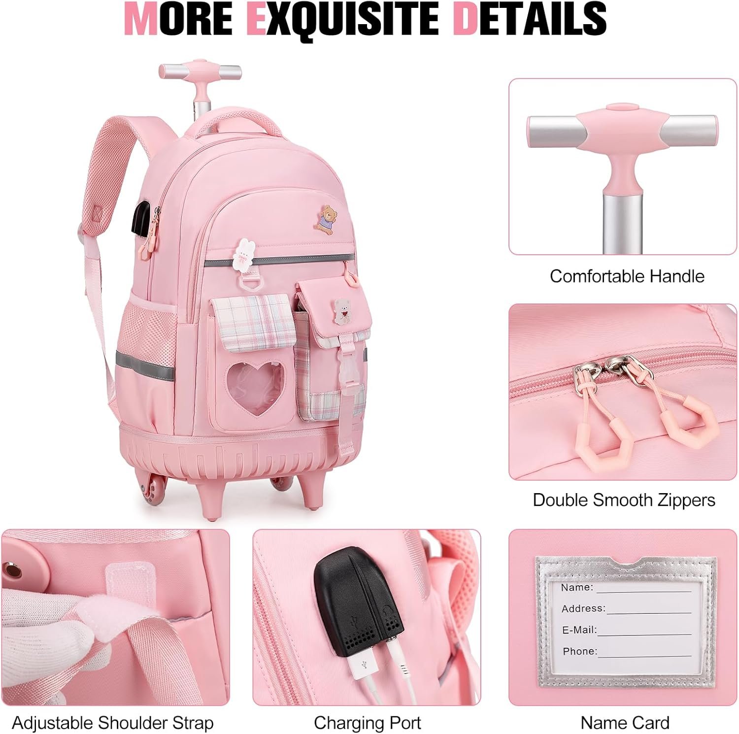 Rolling Backpack for Girls - Roller Wheels School Bookbag with Lunch Bag & Pencil Pouch for Teen Girls Kids Wheeled Suitcase Backpacks, Elementary Middle School Travel Daypack (Pink) - Image 6