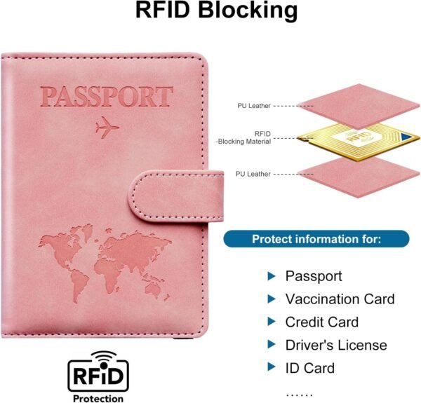 Passport Holder for Travel Women and Men RFID Passport Holder with Card Slots Holder Passport Case Passport cover Passport Wallet Travel Essentials and Accessories (Buckle, PINK) - Image 2