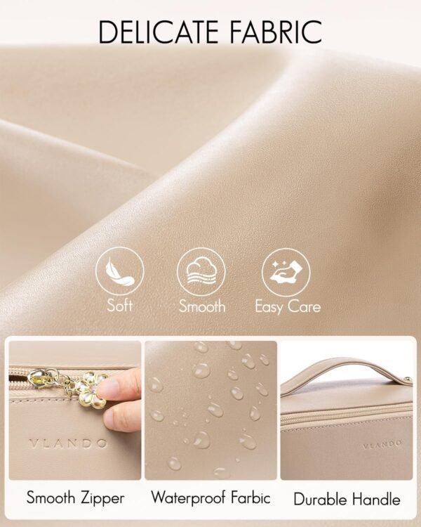 Vlando Makeup Bag,Gifts for Teachers,Large Capacity Toiletry Bag for Women Waterproof Portable Make up Pouch PU Leather Open Flat Cosmetic Bag(Toffee) - Image 8