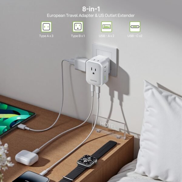 EPICKA Hybrid European Travel Plug Adapter, 2 Packs Foldable & Detachable Type C (EU) VisaPlug, 8-IN-1 International Power Adapter with 4 USB Ports (2 USB-C PD 20W), Travel Essentials for US to Europe - Image 2