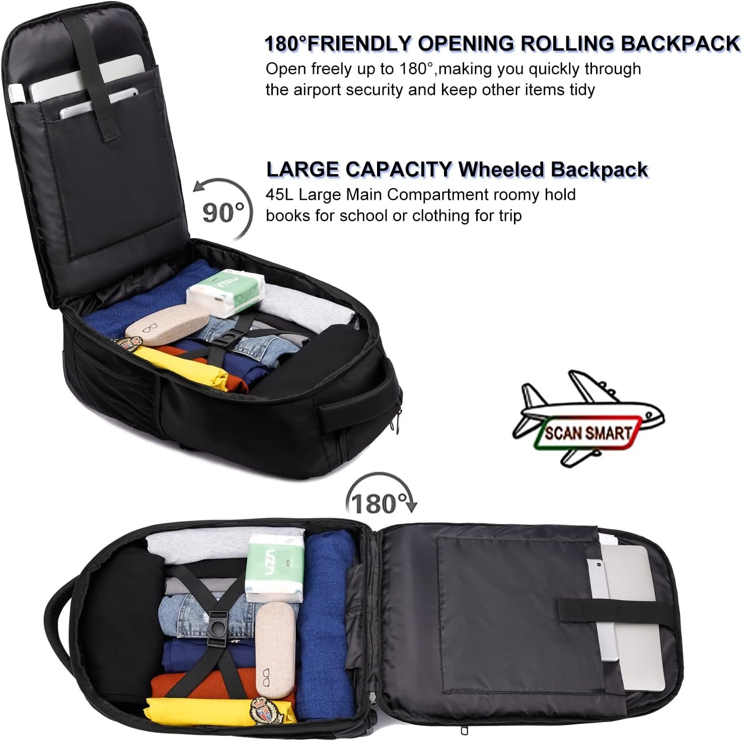 Rolling Backpack, Large Backpack with Wheels for Men Women Adults, 17inch Waterproof Wheeled Travel Laptop Backpack Carry on Luggage Bag Trolley Suitcase Business College School Computer Bookbag,Black - Image 3