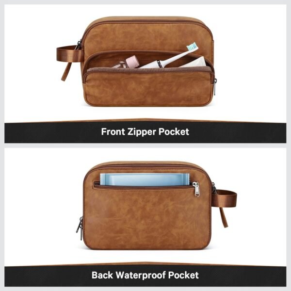Toiletry Bag for Men, Travel Toiletry Bag Travel Essentials, Dopp Kit Water-resistant Shaving Bag, Bathroom Bag Toiletries Organizer, Brown(PU Leather) - Image 3