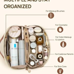Telena Makeup Bag Large Capacity Travel Cosmetic Bag Portable PU Leather Water Resistant Makeup Organizer Bags for Women with Handle and Divider Open Flat Beige with Brown