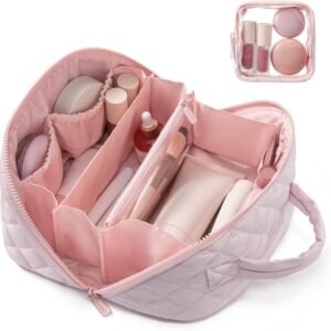 LOVEVOOK Travel Makeup Bag for Women, 2Pcs Set Puffer Waterproof Cosmetic Organizer, Large Capacity Pouch Open Flat Toiletry Bag with Divider & Handle, Portable Gift for Her, Pink