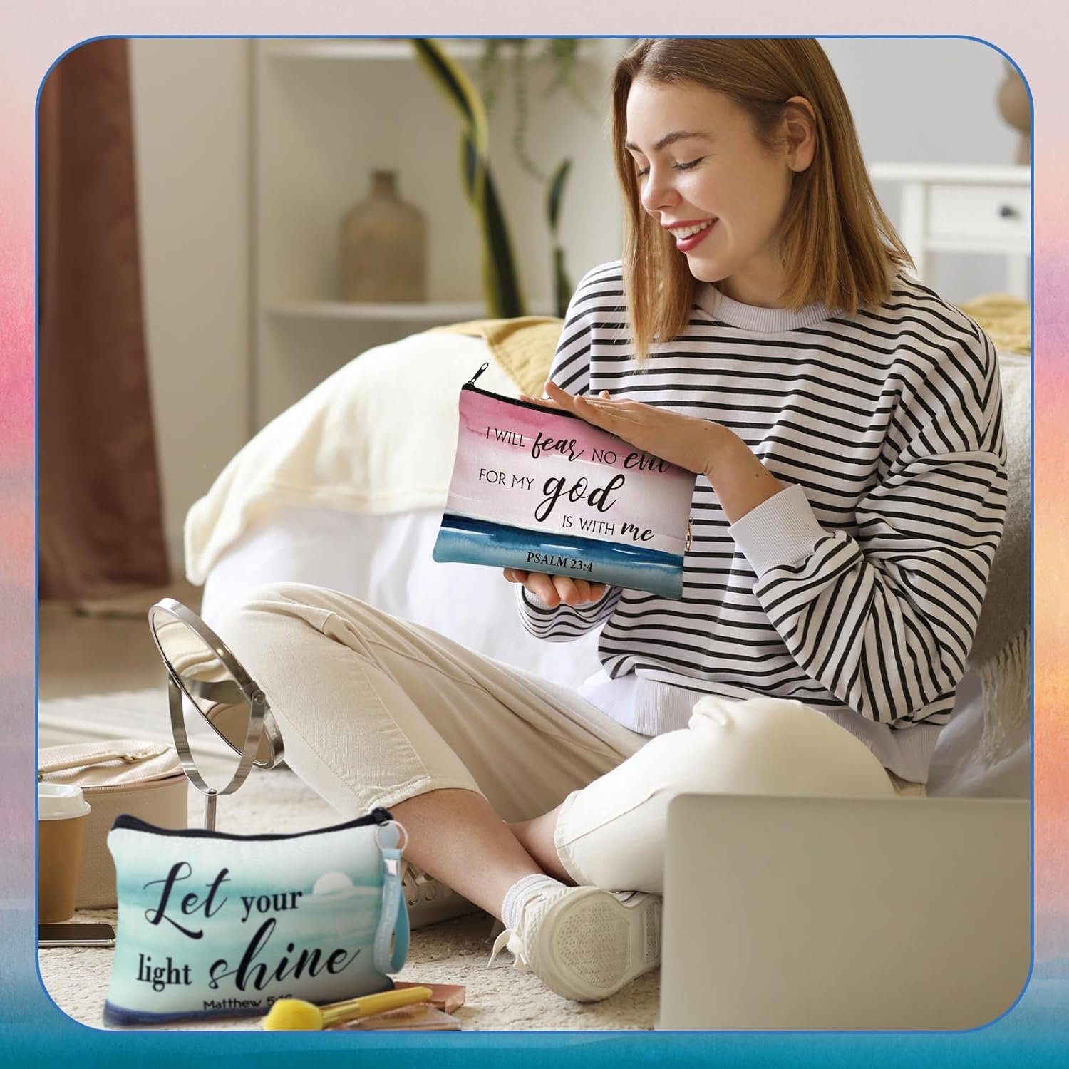 Hillban 32 Pcs Canvas Cosmetic Bag Bulk with Inspirational Quote Keychains Women Canvas Makeup Bag Graduation Gift Travel Toiletry Coin Pouch for Graduation Mother's Day Birthday Party (Landscape) - Image 3