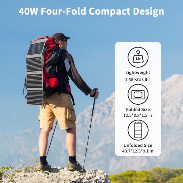 [Upgraded] MHPOWOS 40W Portable Solar Panel Charger with Triple Output (USB-C/USB-A/DC), 23% High-Efficiency & IP65 Water Resistant, Ultra-Compact Design for Backpack Camping Hiking Phone Power Bank - Image 2