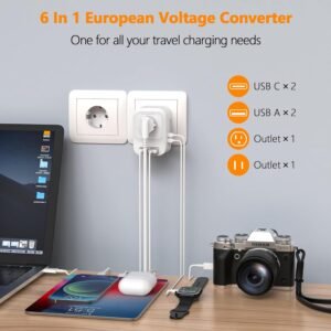 Mapambo 220V to 110V Voltage Converter US to Europe International Universal Travel Adapter with Fast Charging 2 USB-A 2 USB-C Port Worldwide Power Converters Plug Combo for Spain Italy