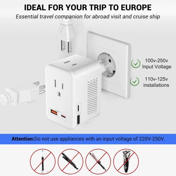 220V to 110V Voltage Conversion Plug Adapter for Traveling from USA to Europe with 2 USB and 2 USBC Ports PD 20 W, 2 AC Outlets International Power Adapter - Image 5