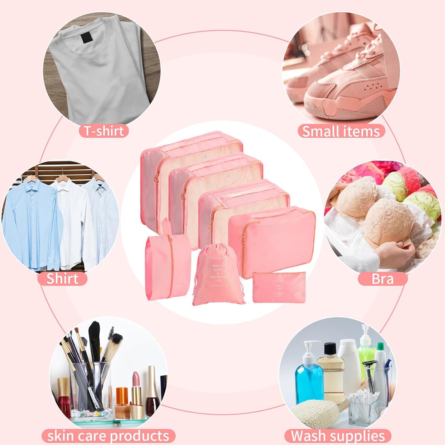 7PCS Packing Cubes for Suitcases, Travel Luggage Organizer Bags, Suitcase Organizer Bags Set for Carry on Luggage Travel Essentials, Pink - Image 7