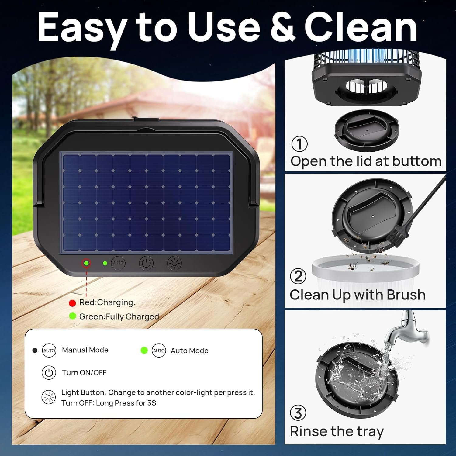 Solar Bug Zapper Outdoor 4000V Mosquito Zapper Solar 2IN1 Bug Repellent Outdoor Patio with 5500mAh Battery&LED,Electric Fly Zapper with Hook,Cordless&Rechargeable Mosquito Repellent for Patio Camping - Image 8