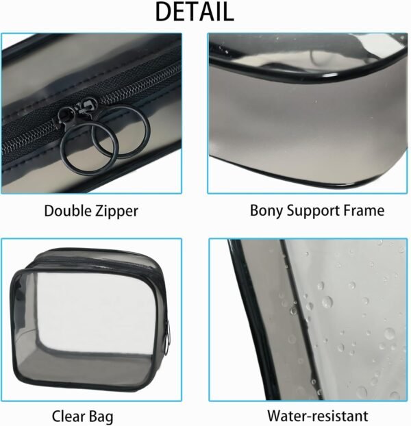 3 Pcs Clear Cosmetic Bag Water-resistant TSA Approved Toiletry Bag Makeup Cosmetic Bag for Women and Men Travel Organizer for Accessories Portable Wash Bag, Black - Image 3