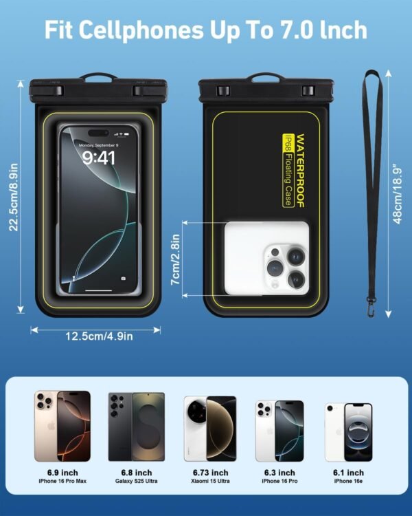 Waterproof Phone Pouch 2 Pack, IP68 Floating Waterproof Phone Case, Up to 8.3" Dry Bag for iPhone 16 15 14 13 Pro Max Samsung S25 Ultra S24 S23, Kayak/Beach/Cruise Travel Essentials Black - Image 2
