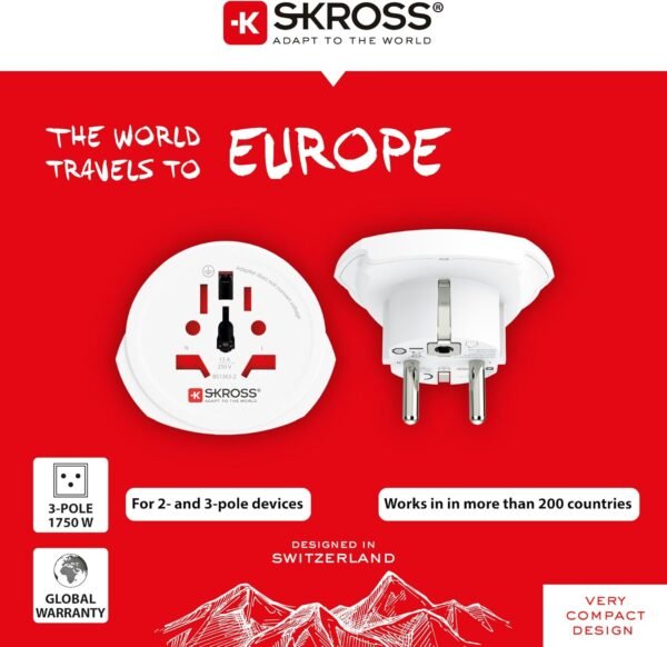 Skross World to Europe Country Travel Adaptor, White - Image 3