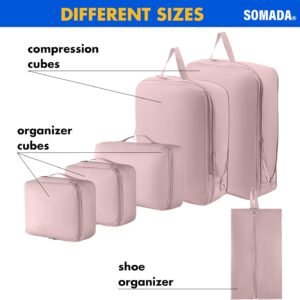 SOMADA 6 Pieces Packing Cubes Set (2 Compression + 4 Organization) Travel Essentials for Suitcase and Carry On, Travel Bags Luggage Organizer – Pink