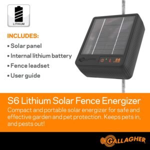 Gallagher S6 Solar Fence Charger | Compact Electric Fence Energizer for Pets, Gardens, and Small Livestock | Solar-Powered with Lithium Battery | Mounts Directly to Metal Rod | Off-Grid Ready