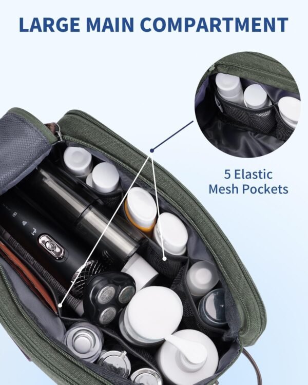 WANDF Toiletry Bag for Men Travel Toiletry Organizer Canvas and Leather Dopp Kit Water-Resistant Shaving Bag for Travel Accessories (Green, Large) - Image 3