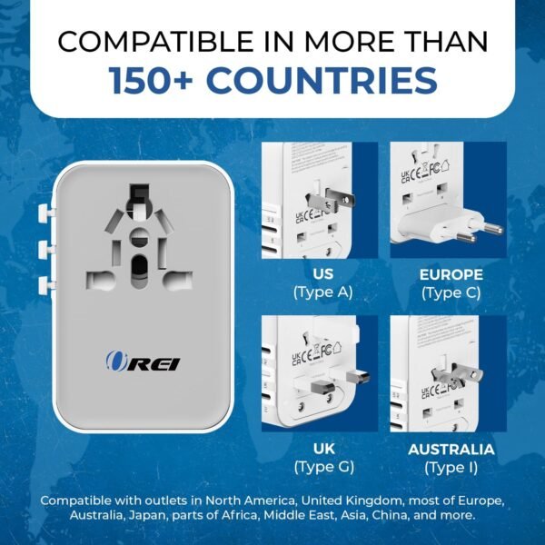 OREI 45Watt Universal Travel Adapter | 3X USBC 2XUSB A - 6-in-1 Universal Power Adapter | Universal Chargers for All Devices Compatible 150+ Countries | Type C, A, G, I Compatible - Image 5