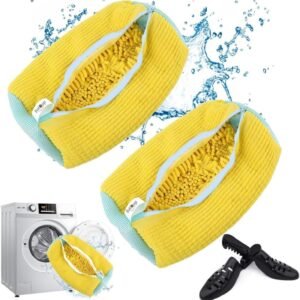 2PCs Shoe Washing Machine Bag with Shoe Tree – Durable Sneaker Wash Bag for All Shoe Sizes and Types – Shoe Laundry Cleaning Bag Washer (Yellow)