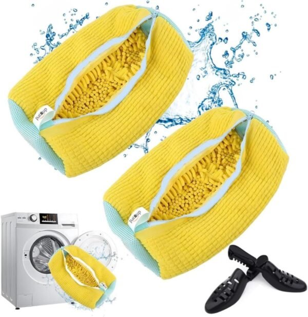2PCs Shoe Washing Machine Bag with Shoe Tree - Durable Sneaker Wash Bag for All Shoe Sizes and Types - Shoe Laundry Cleaning Bag Washer (Yellow)