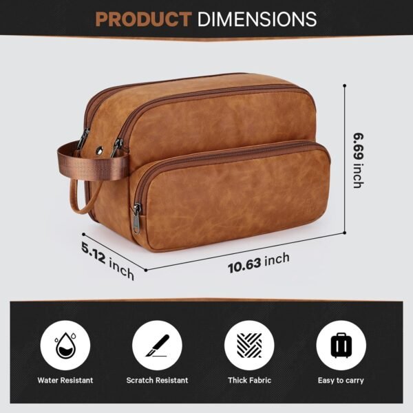 Toiletry Bag for Men, Travel Toiletry Bag Travel Essentials, Dopp Kit Water-resistant Shaving Bag, Bathroom Bag Toiletries Organizer, Brown(PU Leather) - Image 4