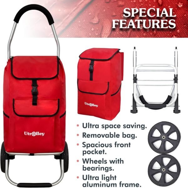 Ultra-Lightweight Foldable Shopping Cart for Groceries - Large 42L Capacity Grocery, Soft Rolling Wheels, Removable Bag, Multi-Use Personal Hand Truck, Red - Image 3