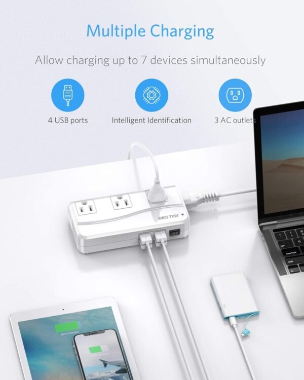 BESTEK Universal Travel Adapter 220V to 110V Voltage Converter with 6A 4-Port USB Charging and UK/AU/US/EU Worldwide Plug Adapter (White) - Image 6