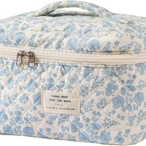 uekeboag Large Travel Quilted Makeup Bag for Women, Floral Cotton Cosmetic Bag, Coquette Aesthetic Floral Toiletry Organizer Bag