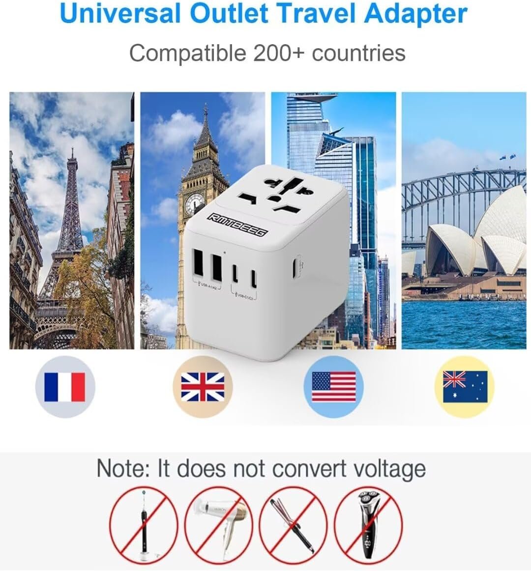International Power Plug Adapter, Rmtbeeg Universal Travel Adapter with 3 USB-C and 2 USB-A Ports, All-in-One Worldwide Wall Charger for Europe UK EU AUS (Type C/G/A/I), Plug Adaptor Travel - Image 4