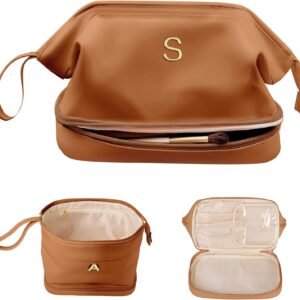 Gifts for Travelers, Personalized Makeup Bag, Monogrammed Gifts, Initial Double Layer Cosmetic Bag with Makeup Brush Organizer, Travel Toiletry Bag, Gifts for Female Mom, Teen Girl Gifts