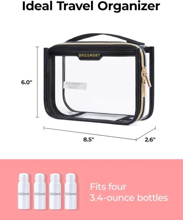 BAGSMART TSA Approved Toiletry Bag, Clear Travel Toiletry Bag, Makeup Cosmetic Pouch Bag for Women Quart Size Compliant Bag Organizer for Travel Essentials (Black Pack of 1,) - Image 3
