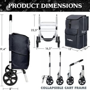 Ultra-Lightweight Black Foldable Shopping Cart for Groceries – Large 42L Capacity Soft Rolling Wheels, Removable Bag, Multi-Function Personal Hand Truck