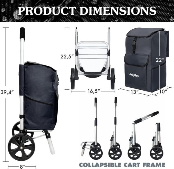 Ultra-Lightweight Black Foldable Shopping Cart for Groceries - Large 42L Capacity Soft Rolling Wheels, Removable Bag, Multi-Function Personal Hand Truck - Image 2