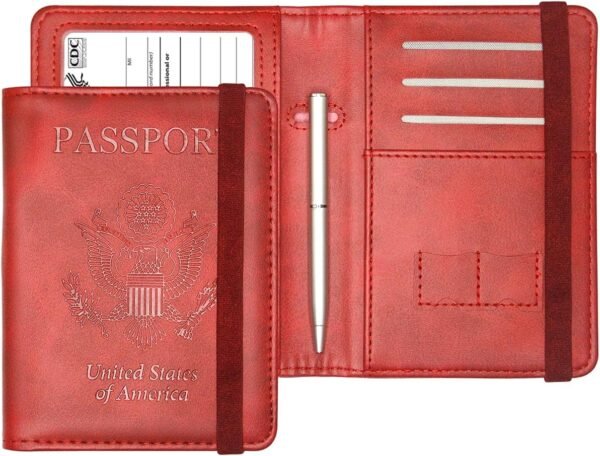 Leather Passport Holder, Rfid Blocking Passport and Vaccine Card Holder Combo Passport Id Organize Wallet Cover Case with Vaccine Card Slot Pasaport Holder Book for Girls Women Men(Wind Red)