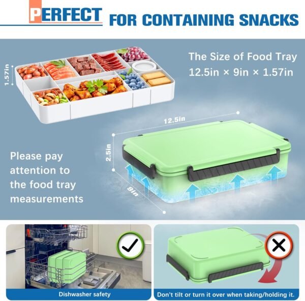Chilled Portable Snackle Box Container with Reusable Ice Pack Bonus Insulated Bag 2Dip Container Divided Serving Tray Beach Essentials for Charcuterie Road Trip Picnic Family Party (Lime Green) - Image 3