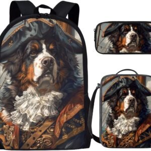 17 Inch Animal Print School Backpack And Lunch Box Set for Kids Funny Pirate Bernese Mountain Dog Backpack for Boys Girl Sturdy School Bag with Insulated Lunchbox Pencil Case Student Bookbag