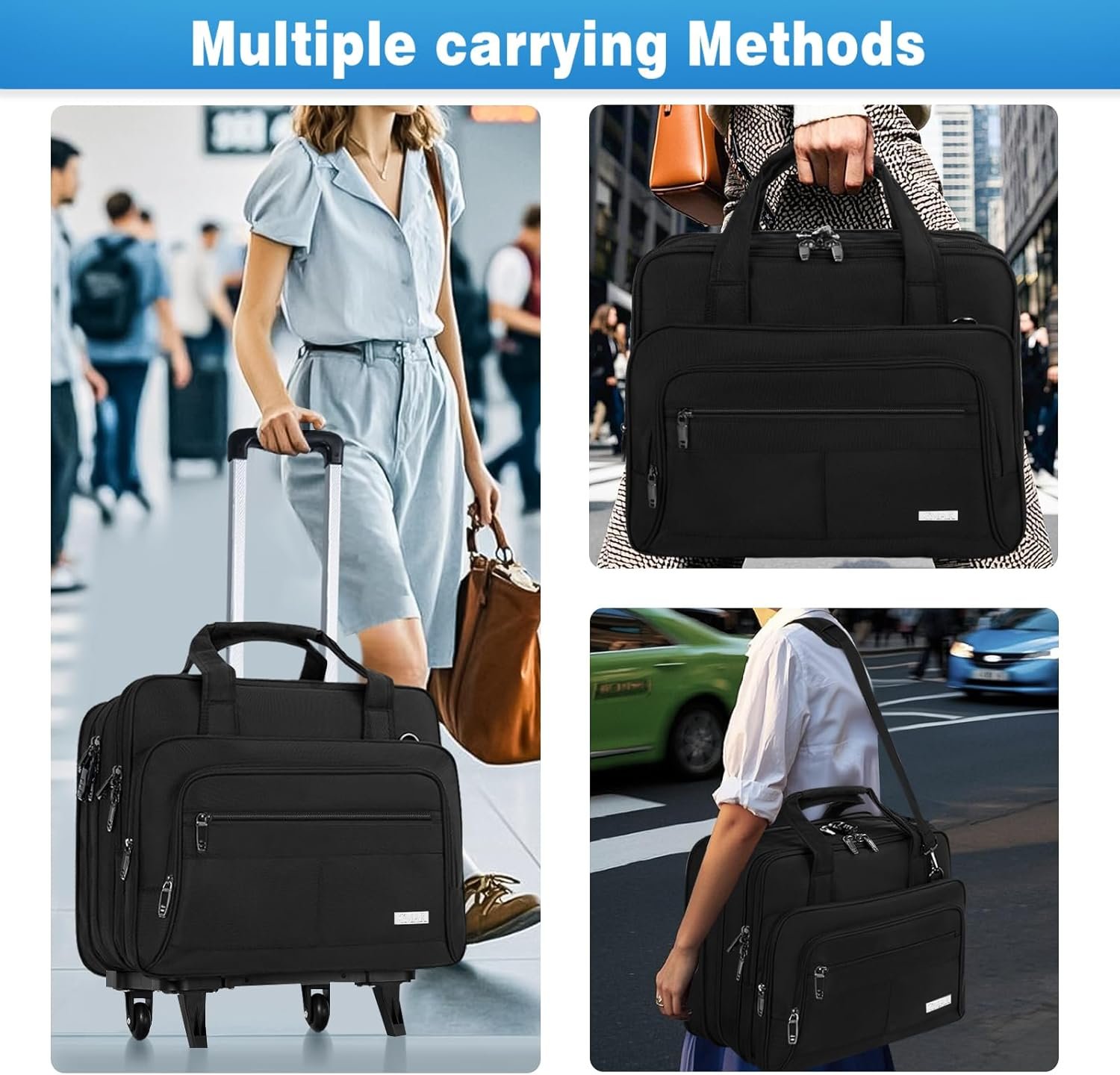 GMAK Rolling Laptop Bag for Women Men, Wheeled Briefcase with Removable Trolley, 17.3 Inch Laptop Bag Overnight Roller Case Computer Bags for Work/Business/Travel Carry On Bag with Wheels, Black - Image 8