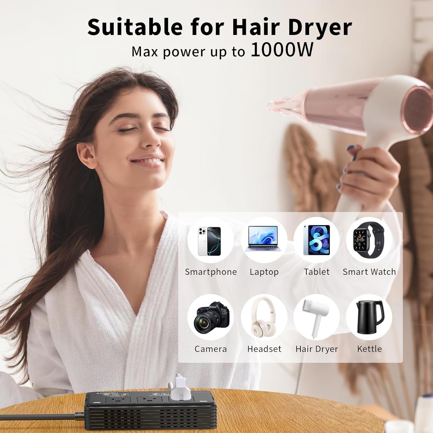 220 to 110 Voltage Converter US to Europe for Hair Dryer & Kettle - 7-in-1 Power Converter Adapter Combo with 3 AC Outlets + 4 USB Ports & EU/UK/IT/AU Plugs. Ultimate Converter for Travel (Black) - Image 5