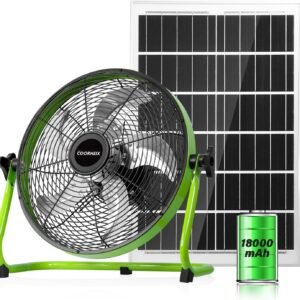 12” Solar Powered Floor Fan Rechargeble,18000mAh Battery Operated Fan 5-Blade Solar Portable Outdoor Fan 360° Tilt for Outside, Greenhouse, Camping, Shed