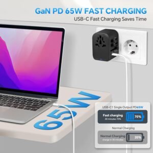 MINGTONG Universal Travel Adapter, GaN 65W International Plug Adapter, 3 PD USB-C & 2 QC USB-A Fast Charging Ports, Worldwide Power Adaptor Wall Charger for EU US UK AUS 200+ Countires