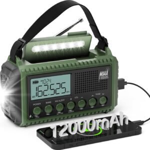 Emergency Weather Radio 12000mAh – Solar Hand Crank NOAA Weather Alert Radio with AM/FM/SW, Rechargeable Battery Charger, Flashlight, Reading Lamp & SOS Alarm, Portable Radio for Emergencies & Outdoor