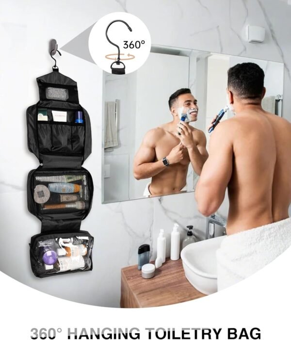 Travel Toiletry Bag for Women Men - Portable Large Hanging Organizer Makeup Bag for Cosmetic, Shampoo, Conditioner, Brushes Set, Cosmetic, Travel Accessories Essentials, Black - Image 2