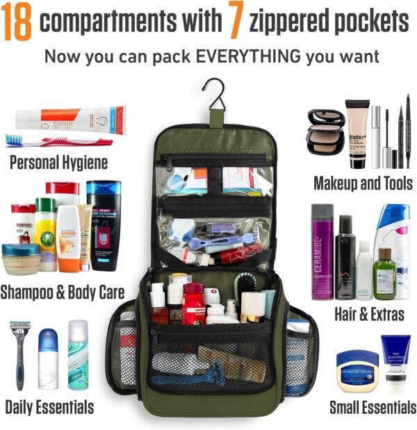 VENTURE 4TH Hanging Travel Toiletry Bag for Women & Men - Travel Organizer with Expandable Compartments & Removable Clear Pouch for Toiletries (Forest Green) - Image 3