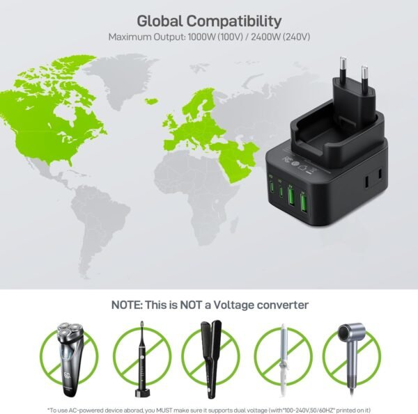 EPICKA Hybrid European Travel Plug Adapter, Foldable & Detachable Type C (EU) VisaPlug, 8-IN-1 International Power Adapter with 4 USB Ports (2 USB-C PD 20W) - Travel Essentials for US to Europe, Black - Image 6