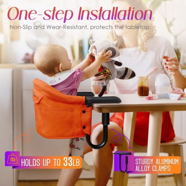 Hook on High Chair,Portable Foldable High Chair for Babies 6-36 Months, Includes Storage Bag (Orange) - Image 3