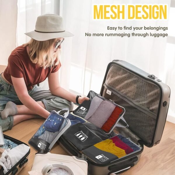 Compression Packing Cubes 8 Set, Dual Zipper Compression Packing Cubes for Travel, See-Through Mesh Packing Bags for Suitcases, packing cubes with shoe bag (Black) - Image 2