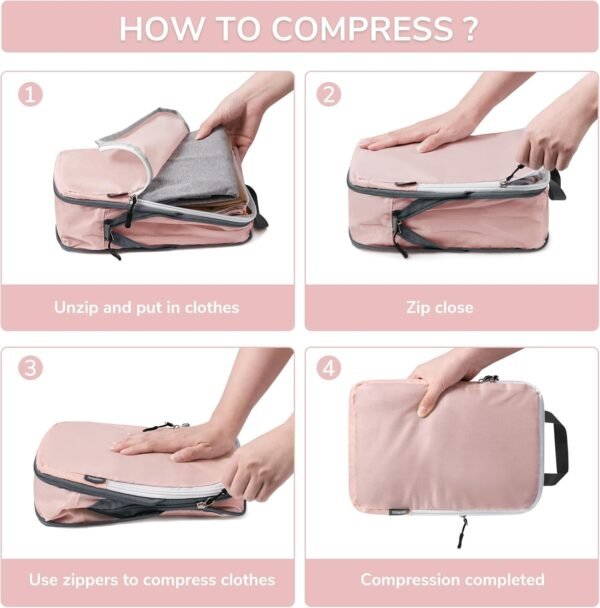 CherryNow Compression Packing Cubes, 7 Set Packing Cubes for Travel Women, Travel Essentials for Suitcase, Luggage Organizer Bags, Pink - Image 3
