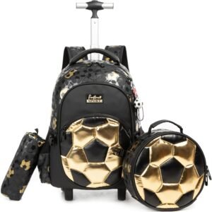 Kids Rolling Backpack Roller Backpack with Wheels Elementary Kindergarten School Students Football Trolley School Bag for School Boys