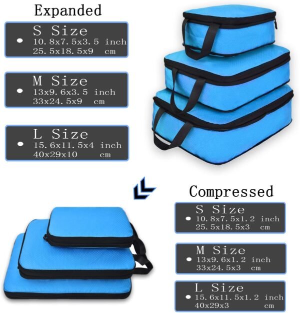 YZAOLL 3 Set/6 Set/7 Set Compression Packing Cubes Travel Accessories Expandable Packing Organizers,Travel Essentials for Carry on 3 Set Blue - Image 2