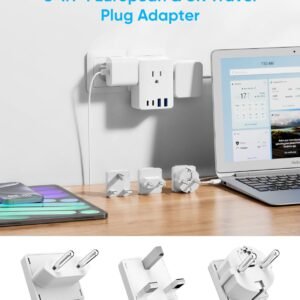 European Travel Plug Adapter, 5ft Detachable Extension Cord with Type C/G/E/F Plug Kit, 4 AC Outlets, 4 USB Ports (2 USB C), UK Germay France Greece Travel Plug Adapter