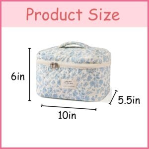 uekeboag Large Travel Quilted Makeup Bag for Women, Floral Cotton Cosmetic Bag, Coquette Aesthetic Floral Toiletry Organizer Bag